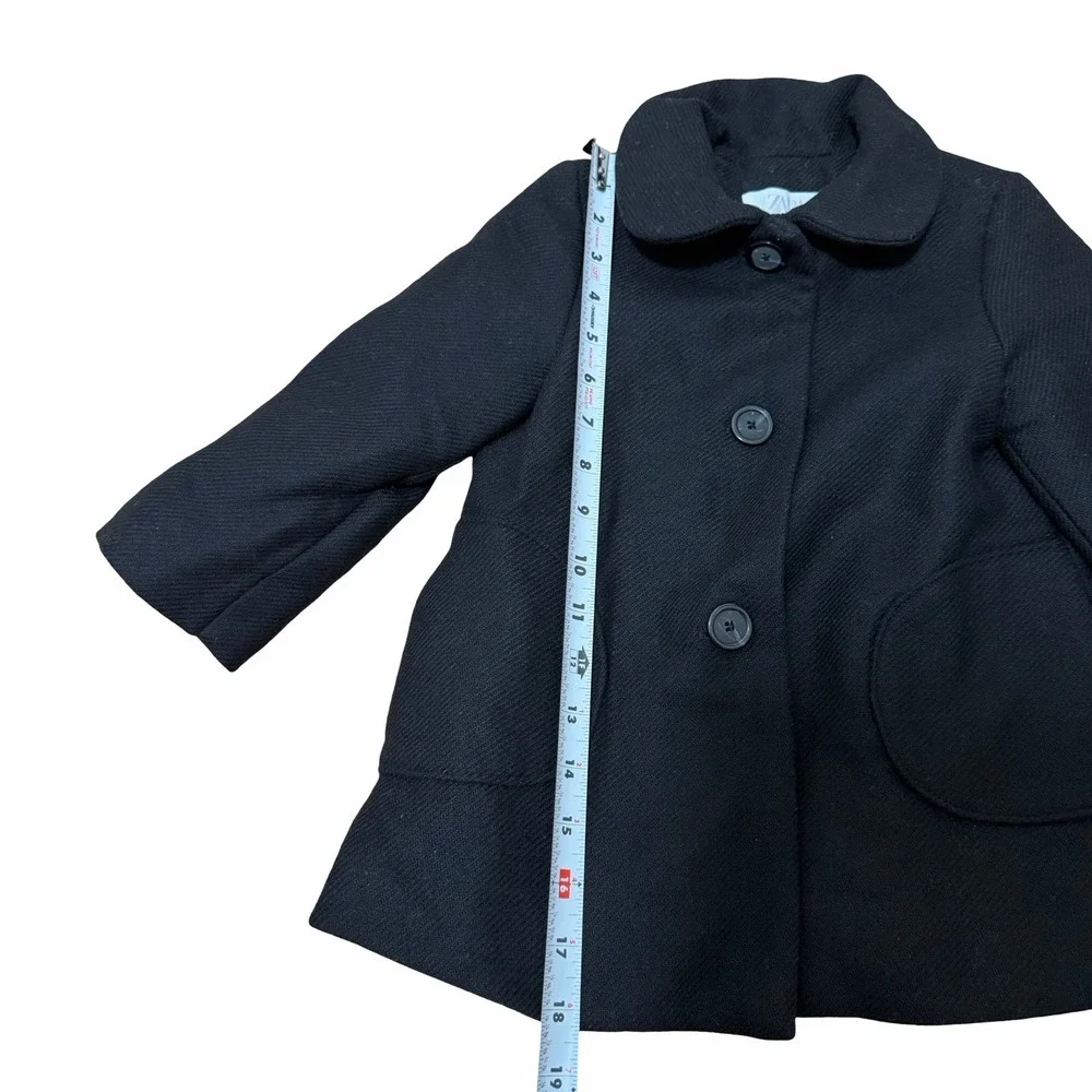 ZARA Wool Blend Button Front Pea Coat Girls Size 3/4Y Black Heavyweight Winter